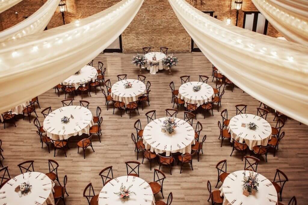 Lumber Exchange overhead shot of table setup in a large room