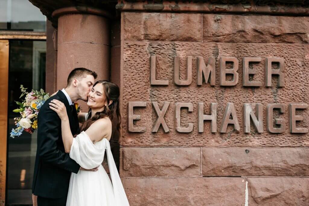 Minneapolis wedding photo outside Lumber Exchange