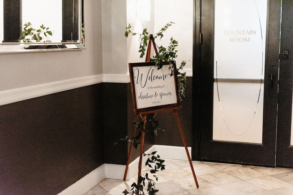 wedding welcome party sign in front of wedding hall